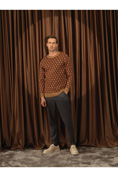 Xint Erkek Camel Regular Fit Desenli Kazak