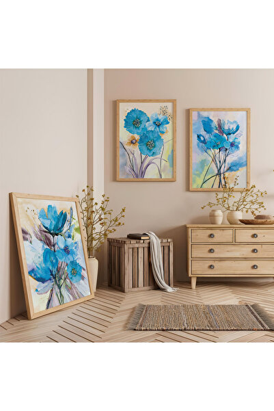 Zevahir Mobilya Dekorasyon Set de pictură triplă din lemn cu flori de cer cu ...