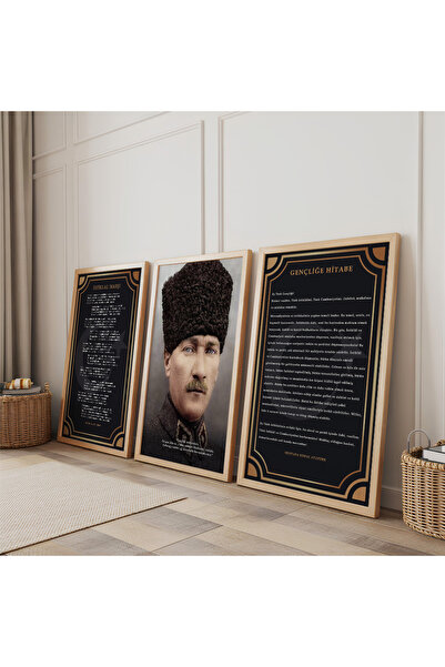 Zevahir Mobilya Dekorasyon Ahşap Çerçeveli Atatürk İstiklal Marşı Ve Gençliğe Hitabe Üçlü Ahşap Tablo Seti
