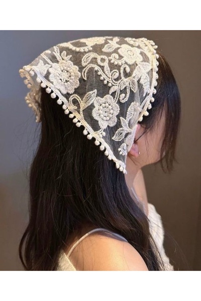 FloresDeCarnaval Bohemian French Style Floral Embroidered Lace and Pom-Pom Detailed Tie-Up Shawl/Hair Cover