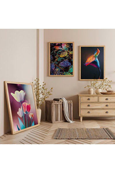 Zevahir Mobilya Dekorasyon Set de pictură triplă din lemn cu flori colorate î...