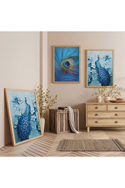 Zevahir Mobilya Dekorasyon Set de pictură triplă din lemn cu păun albastru cu...