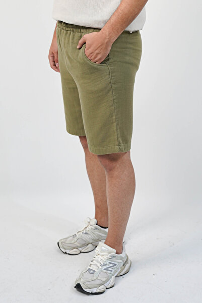 SİDE OTANTİK Men's Gabardine Bermuda Khaki Shorts – Regular Fit, Elastic Waist with Laces, Side Pockets