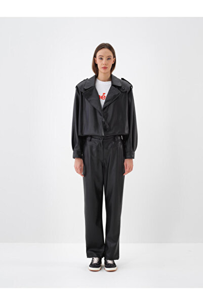 Xint Kadın Siyah Deri Görünümlü Oversize Ceket