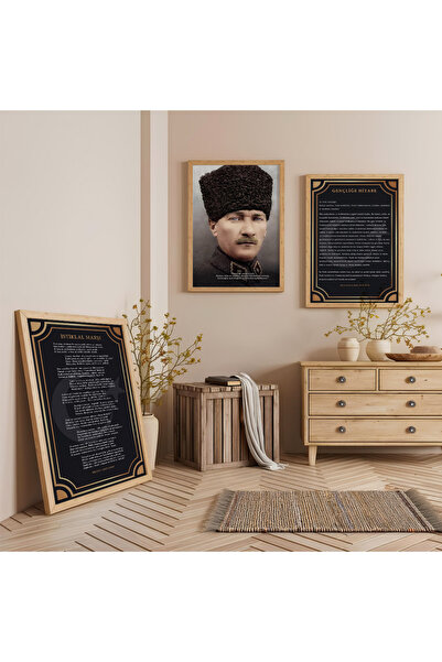 Zevahir Mobilya Dekorasyon Ahşap Çerçeveli Atatürk İstiklal Marşı Ve Gençliğe Hitabe Üçlü Ahşap Tablo Seti