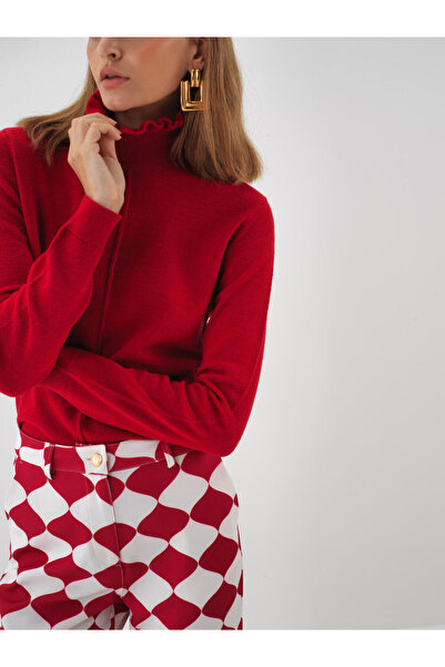 Xint Kadın Kırmızı Yünlü Balıkçı Yaka Düz Kazak