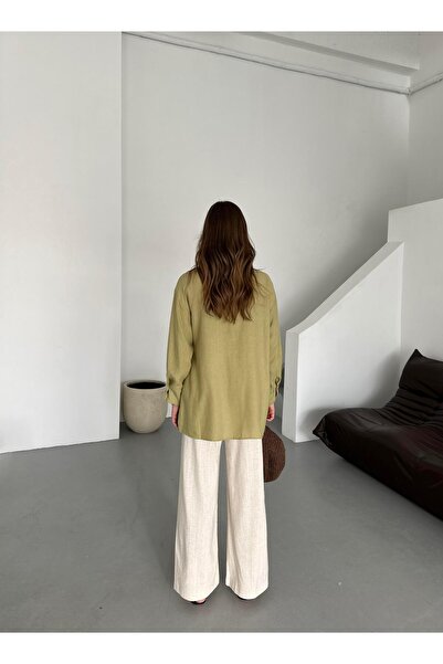 Laluvia Khaki 100% pamut keresztgombos ing derékpánttal