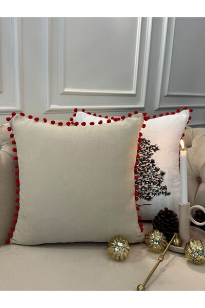 busrasdesign Pine Embroidered Small Pompom Beige Throw Pillow Cover