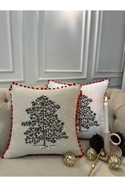 busrasdesign Pine Embroidered Small Pompom Beige Throw Pillow Cover