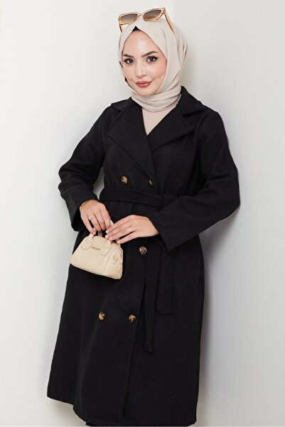 Bestenur Feral Belted Cashew Coat 1306 - Black