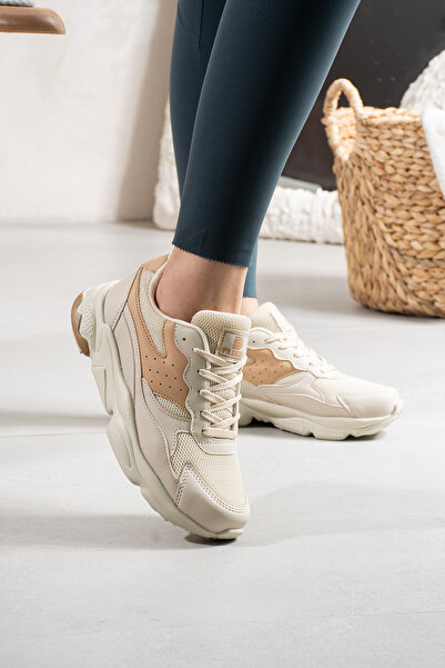 NAVİSHOES Ecru Women's Lace-Up Sports Shoes Sneaker 168Nav