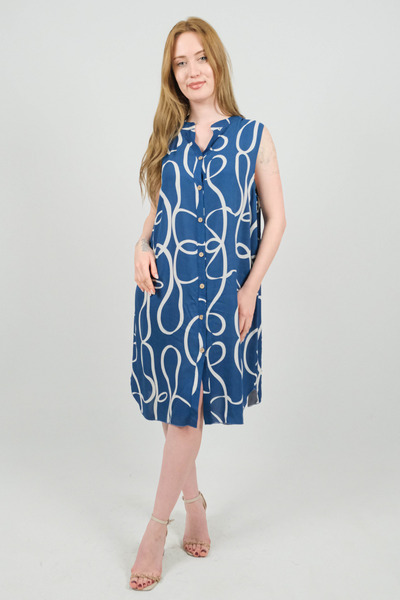 SİDE OTANTİK Hakim Collar Patterned Viscose Sleeveless Midi Buttoned Navy Blu...