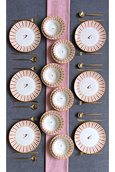 Erbaşlar Sevda Kuşu Pembe Yuvarlak 18 Parça 6 Kişilik Lüx Yemek Takımı Seti Yemek Seti