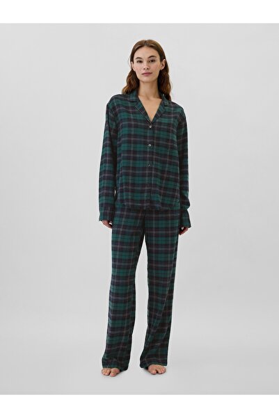 GAP Kadın Koyu Yeşil Relaxed Flannel Pijama Üstü