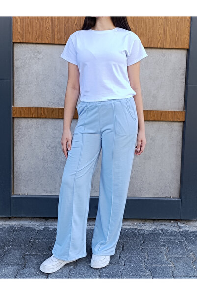 siyalife Γυναικείο ριγέ ψηλόμεσο φαρδύ παντελόνι με τσέπες μπλε