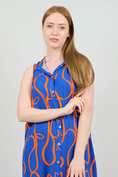 SİDE OTANTİK Hakim Collar Patterned Viscose Sleeveless Midi Buttoned Blue Dress