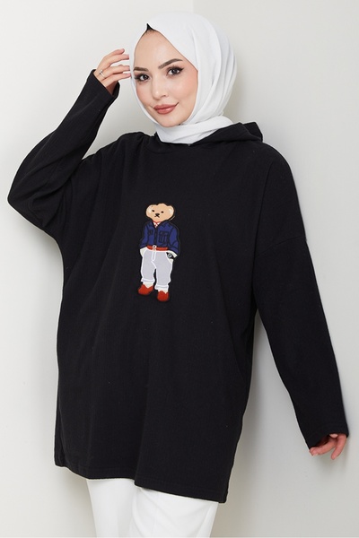 Bestenur Asiya Oversize Bear Embroidered Hooded Tunic 1335 - Black