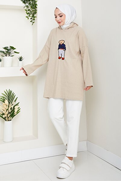 Bestenur Asiya Oversize Ayı Nakışlı Kapüşonlu Tunik 1335 - Taş