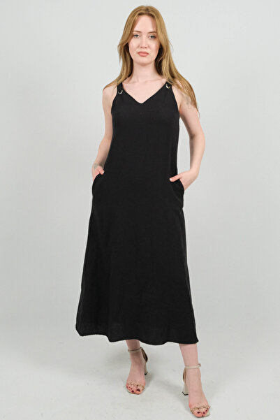 SİDE OTANTİK Rochie lungă neagră din muselină cu buzunare duble și bretele