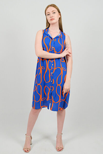 SİDE OTANTİK Hakim Collar Patterned Viscose Sleeveless Midi Buttoned Blue Dress