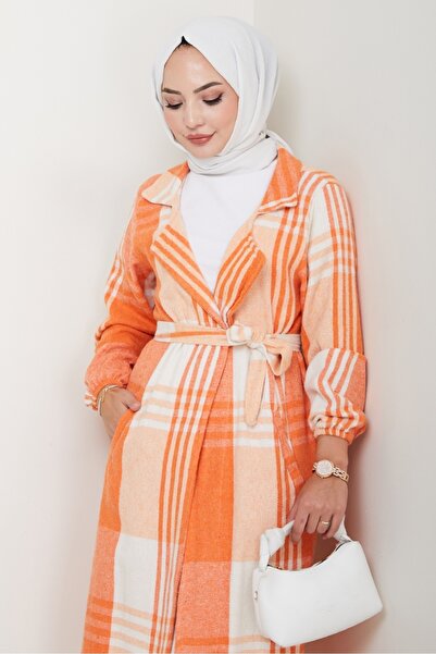 Bestenur Nevin Double Pocket Double Breasted Collar Hijab Cardigan 405 - Orange