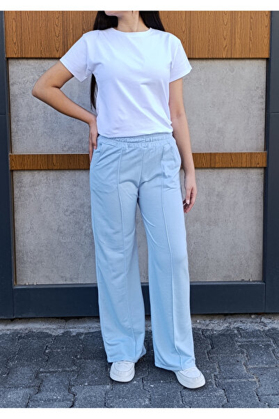 siyalife Γυναικείο ριγέ ψηλόμεσο φαρδύ παντελόνι με τσέπες μπλε