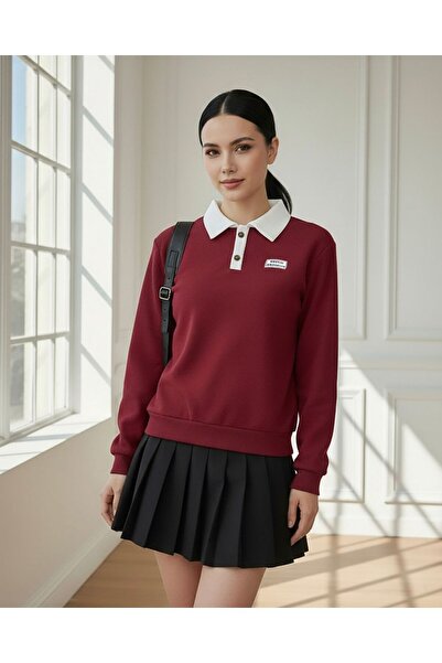 Mood Lab Bordo Polo Yaka Düğmeli Waffle Kumaştan Uzun Kol Tişört