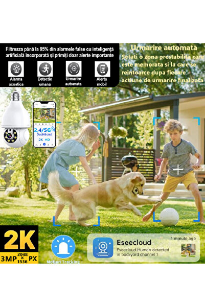 FRAMMINO Camera de securitate tip bec FRAMMINO®, 3MP, rezolutie 2K, banda duala Wi-Fi 2.5/5.8 GHz, cu detect