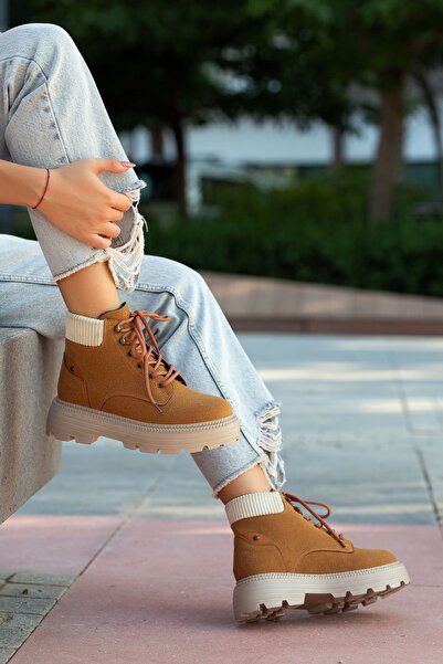 Hayalimdeki Ayakkabı Kadın Hardal Cat Bağcık Detaylı Bot