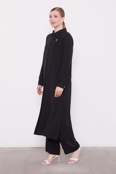 Levidor Black Stone Flower Detailed Tunic Suit 100651