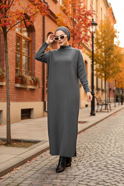 Neva Style Boğazlı Yaka Füme Tesettür Triko Elbise 34150fu