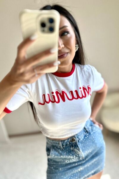 MoyStore تي شيرت MiuuMiuu مطبوع باللون الأحمر والأبيض