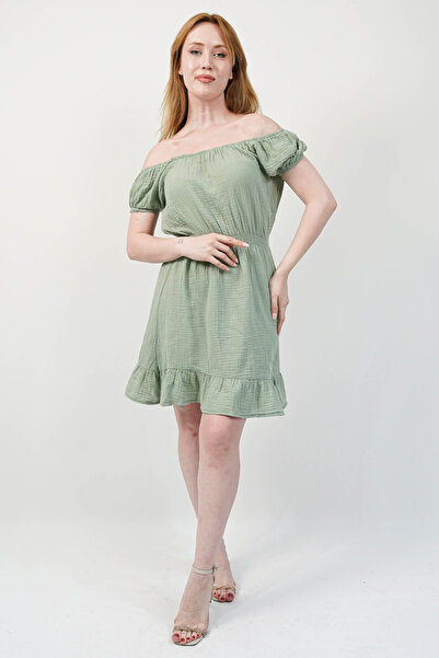 SİDE OTANTİK Rochie verde muselină, cu talie elastică, peste genunchi