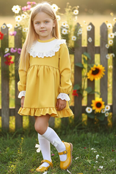 Parla Kids Kız Çocuk Ruby Hardal Uzun Kollu Dantel Detaylı Fırfırlı Elbise