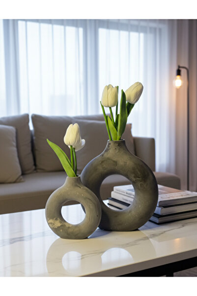 OEM GRİ Halka şeklinde mermer dekoratif vazo seti (2 adet)