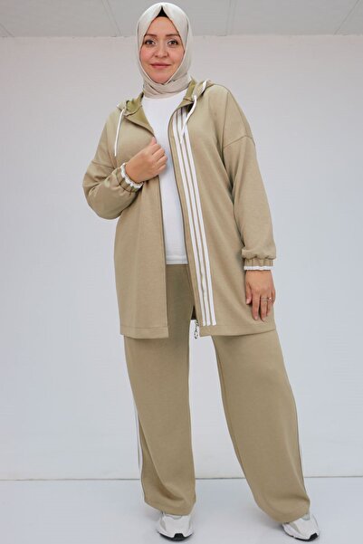 Eslina 47058 Plus Size Stripe Detailed Modal Trouser Suit - Beige