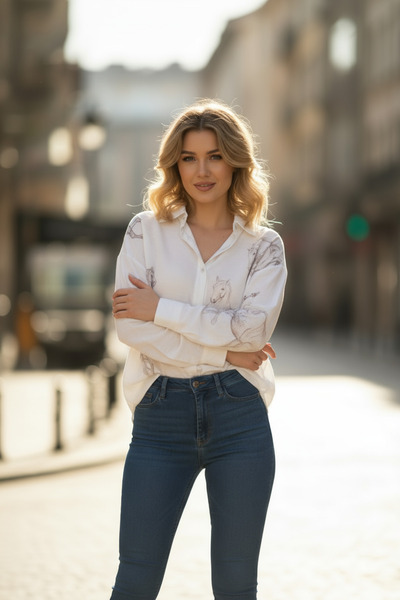 Auralis Studio At Desenli Düğmeli Gömlek Ekru