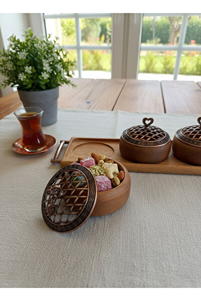 tios home Wooden Presentation Set with Copper Lid Serving Tray with 3 Bowls and Beech Stand with Handles