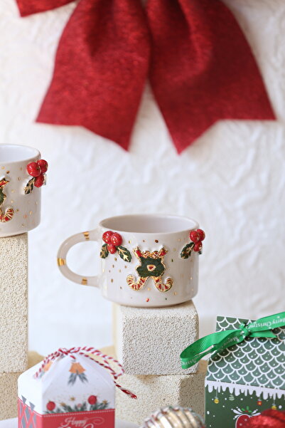 MERVEOKTAYSERAMİK El Yapımı Baston Şekerli Kokinalı Yeni Yıl Desenli 24 K Altın Detaylı Seramik Mug