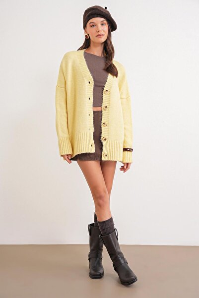 Mixray 6927 Women's Soft Textured Casual Basic Knit Cardigan Yellow