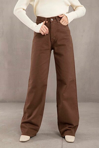 Lixera بنطال جينز بالازو واسع الساق بخصر عالٍ للغاية باللون البني