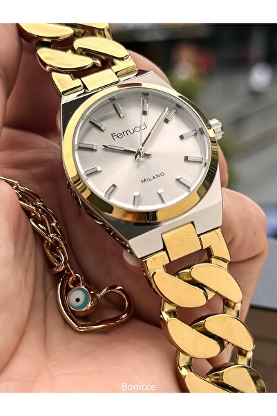 Ferrucci Marka Sarı Renk Çelik Kordon, Yeşil Kadran, Sevgiliye Kadın Kol Saati Bileklik