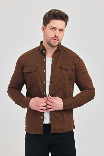 YXC Plus-Size Slim Fit Men's Denim Shirt Brown 5XL Size Fits for 110-115 Kilos