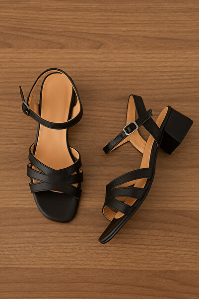 Hvz صندل نسائي أسود أنيق بكعب منخفض