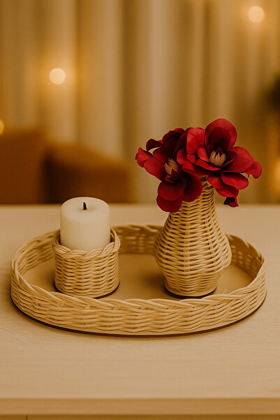 GEM LİGHT El Yapımı Bambu Dekoratif Mumluk Çiçekli Rattan Şamdanlık Üçlü Set