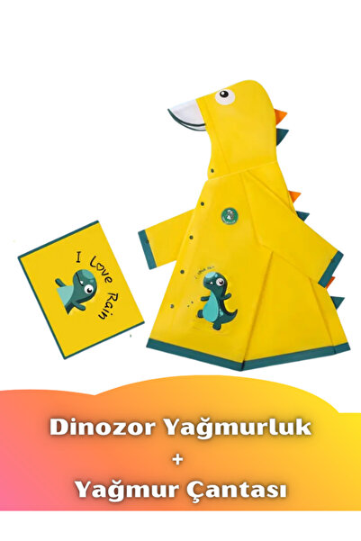 darko Erkek Çocuk Dinozorlu Sarı Rüzgarlık Yağmurluk Dinozor Desenli Kapüşonl...