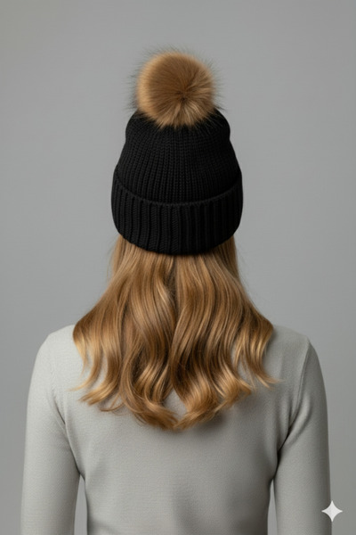 nettofit Women's Fur Pompom Wool Black Color Beret