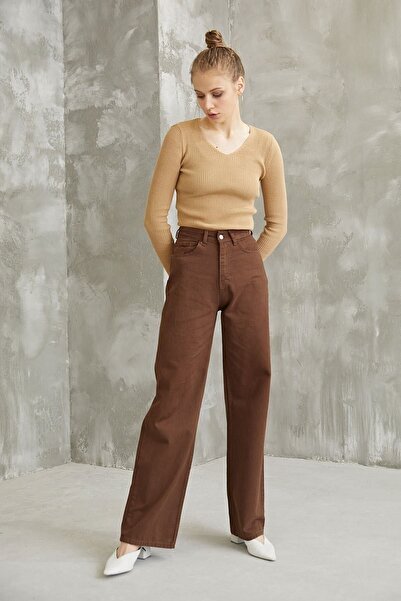 Lixera Καφέ Σούπερ Έξτρα Ψηλόμεσο Palazzo Jeans με Φαρδιά Πόδια