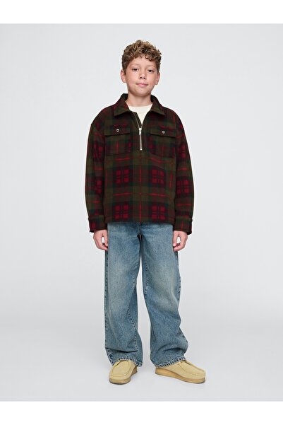 GAP Erkek Çocuk Koyu Yeşil Yarım Fermuarlı Desenli Sweatshirt