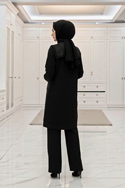 Mercan MUHTEŞEM TAŞLI TAKIM Siyah Taş Detaylı Tesettür İkili Takım Esnek Kristal Belis Kumaş